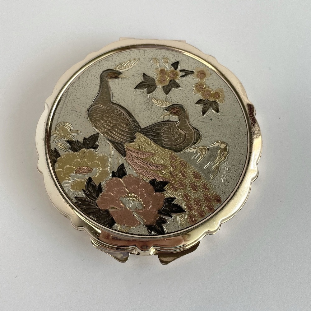 Vtg Etched Peacock Compact Mirror